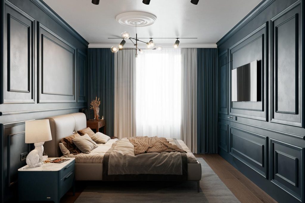 Trang trí phòng ngủ cho phụ nữ xinh đẹp với màu xám và xanh