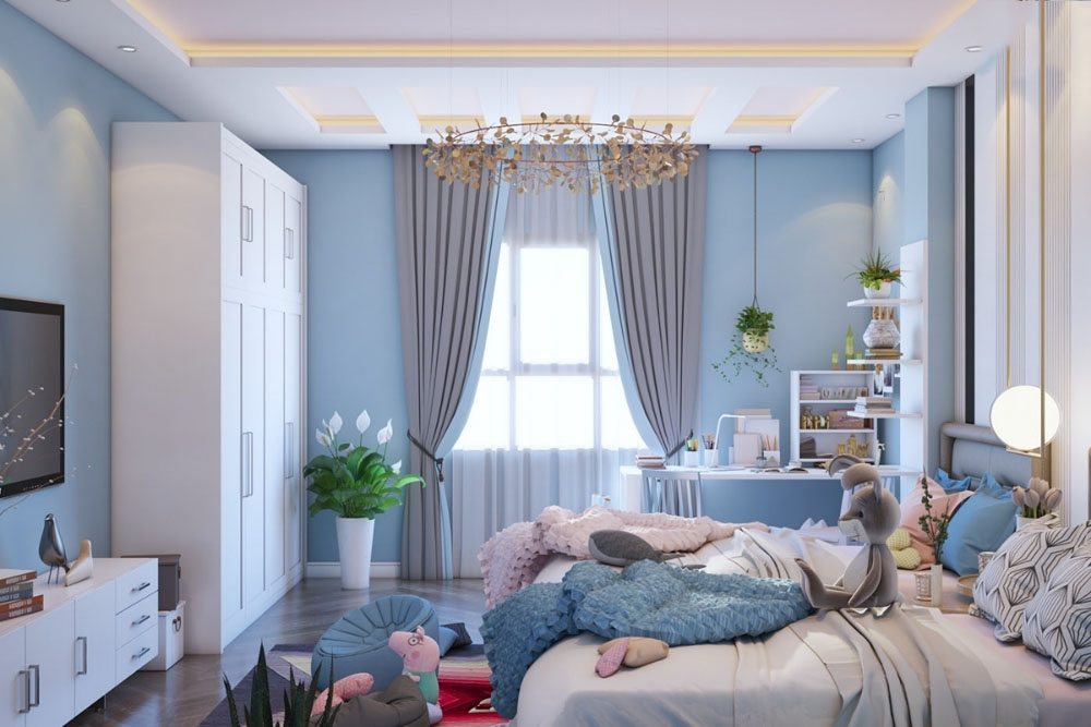 Trang trí phòng ngủ màu xanh nhạt cho bé gái
